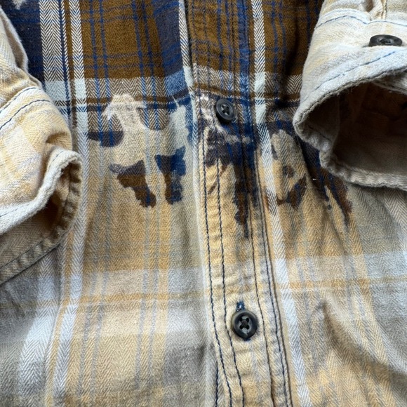 Bleached Flannel Shirt L G Blue Brown Tan Plaid Long Sleeve Button Up Top - Picture 3 of 8